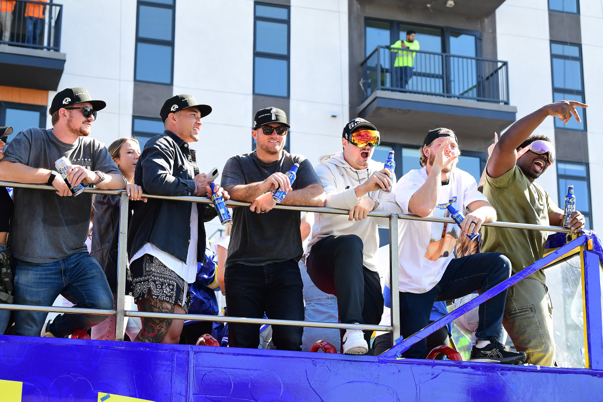 Feb 16, 2022; Los Angeles, CA, USA; Los Angeles Rams players celebrateduring the championship victory parade. Mandatory Credit: Gary A. Vasquez-USA TODAY Sports